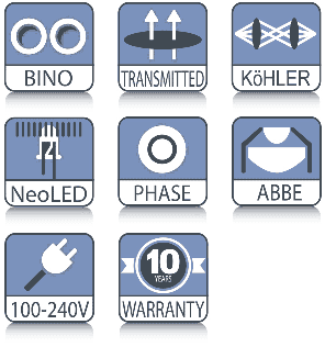Iconos tecnológicos del microscopio Euromex Oxion 3042 de campo oscuro de fase